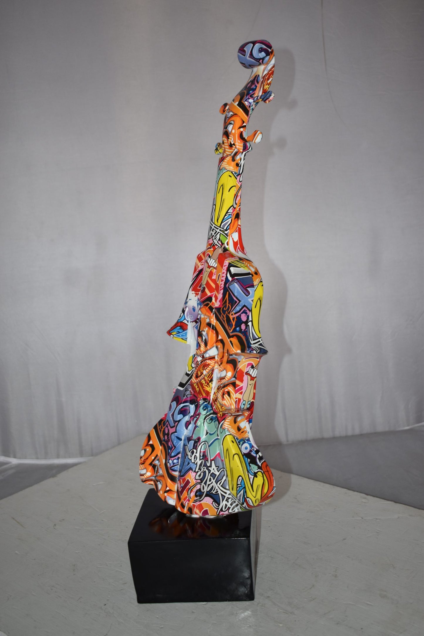 Artistic Graffiti Violin Resin Statue Mounted on a Base Size: 9" x 10" x 26"H