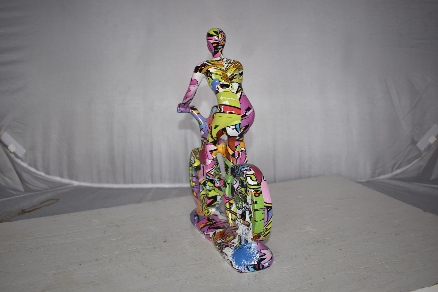 Modern Art Graffiti Bicycle and Rider Statue Made of Resin Size: 10" x 4" x 15"H