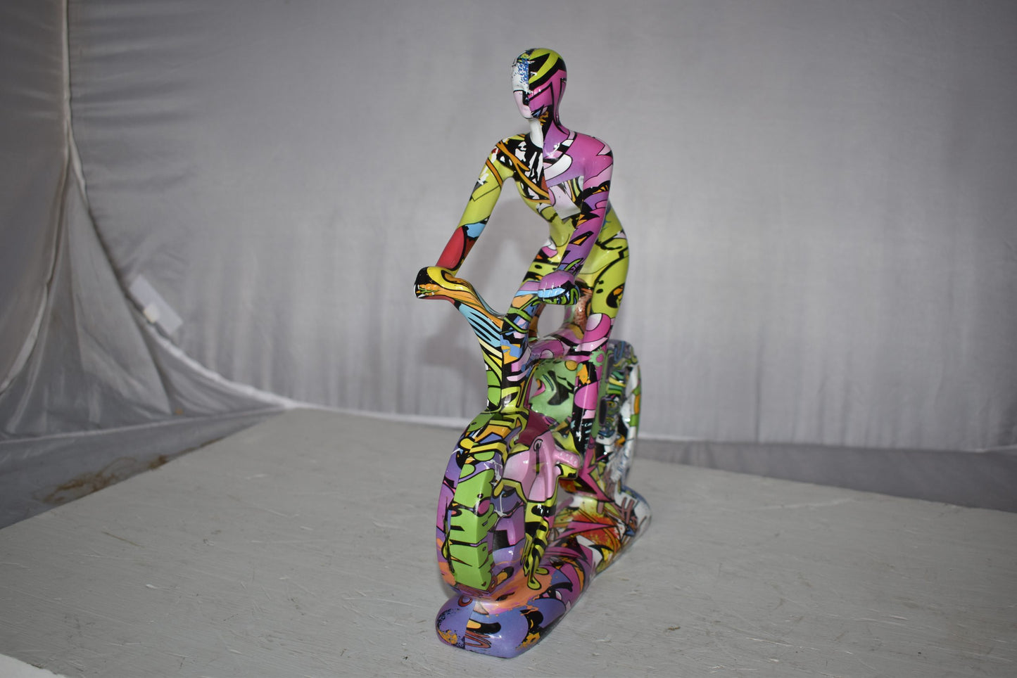 Modern Art Graffiti Bicycle and Rider Statue Made of Resin Size: 10" x 4" x 15"H