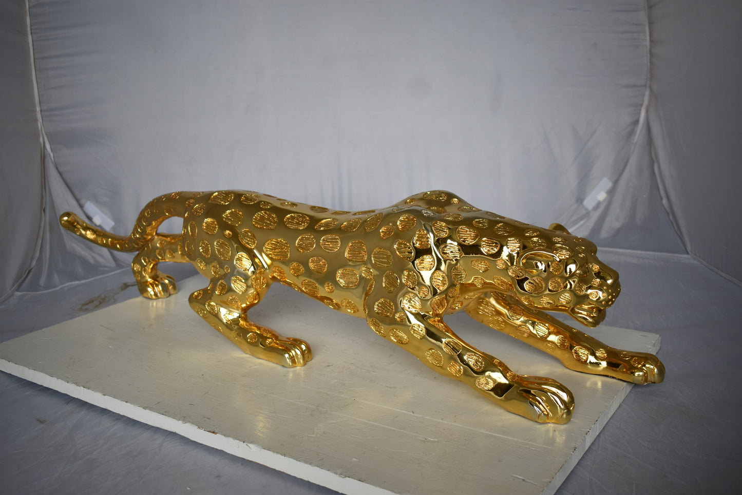 Modern Art of a Gold Jaguar Medium Statue Made of Resin Size: 40" x 7" x 10"H