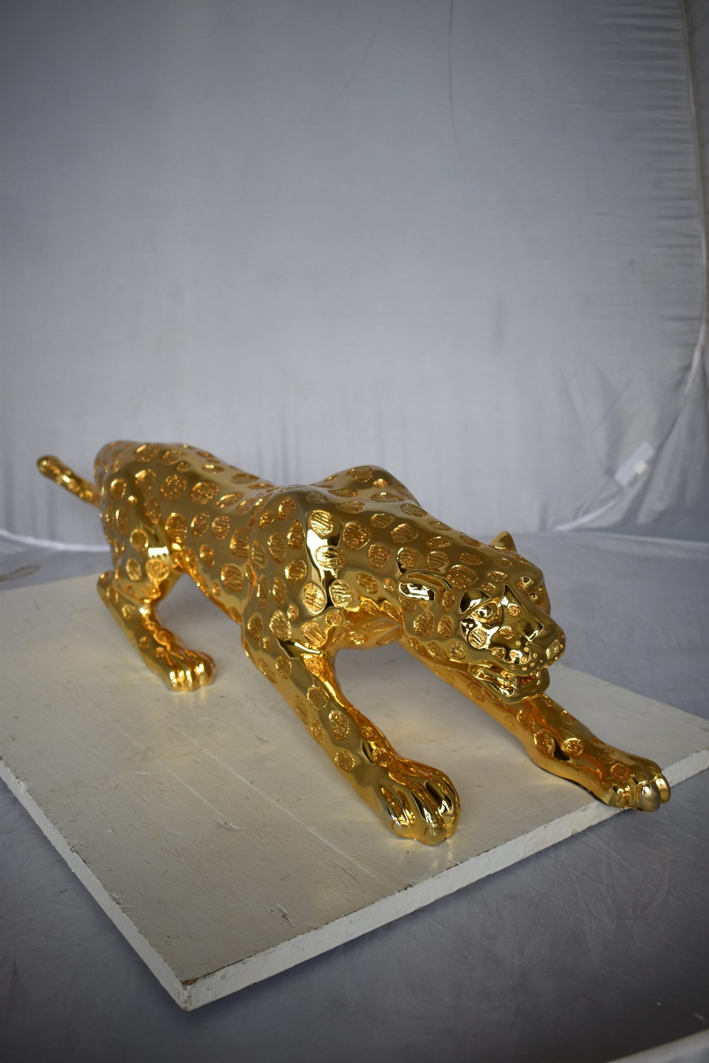 Modern Art of a Gold Jaguar Medium Statue Made of Resin Size: 40" x 7" x 10"H