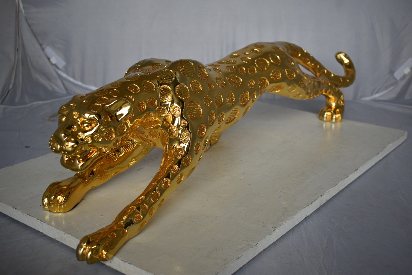 Modern Art of a Gold Jaguar Medium Statue Made of Resin Size: 40" x 7" x 10"H