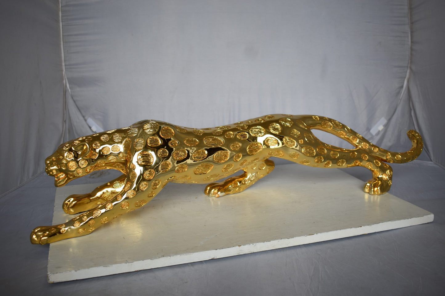 Modern Art of a Gold Jaguar Medium Statue Made of Resin Size: 40" x 7" x 10"H