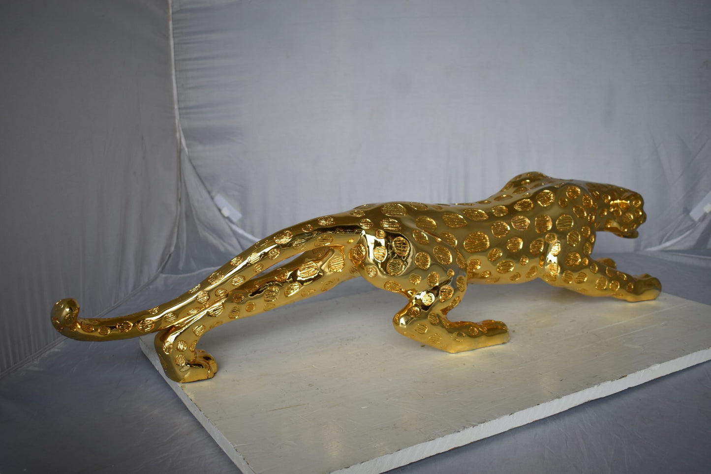 Modern Art of a Gold Jaguar Medium Statue Made of Resin Size: 40" x 7" x 10"H