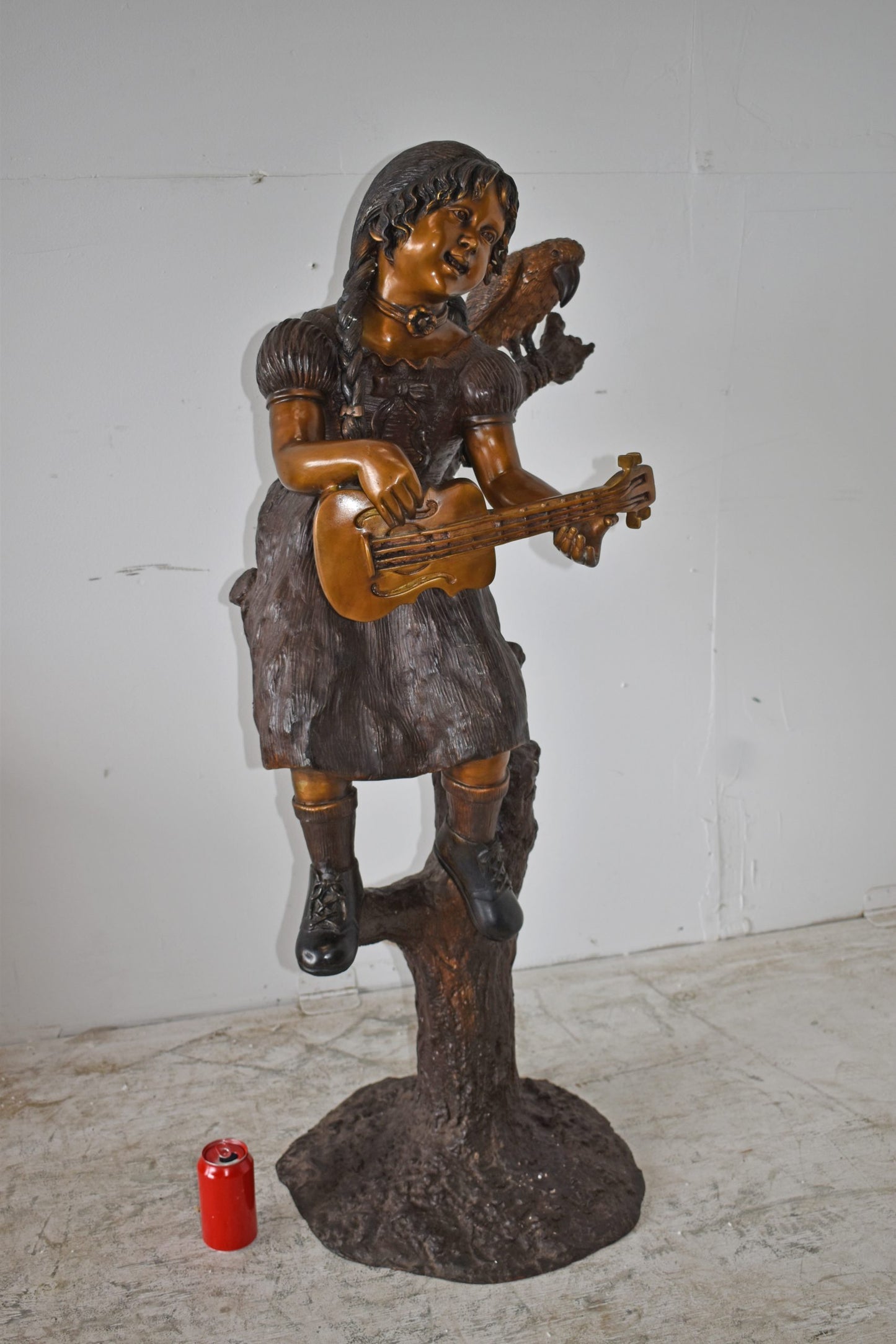 Girl on a Tree Playing the Ukulele with a Parrot Bronze Statue 25" x 23" x 50"H