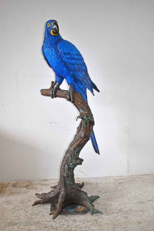 Single Hyacinth Macaw Blue Parrot on a tree Bronze Statue Size: 30" x 24" x 66"H