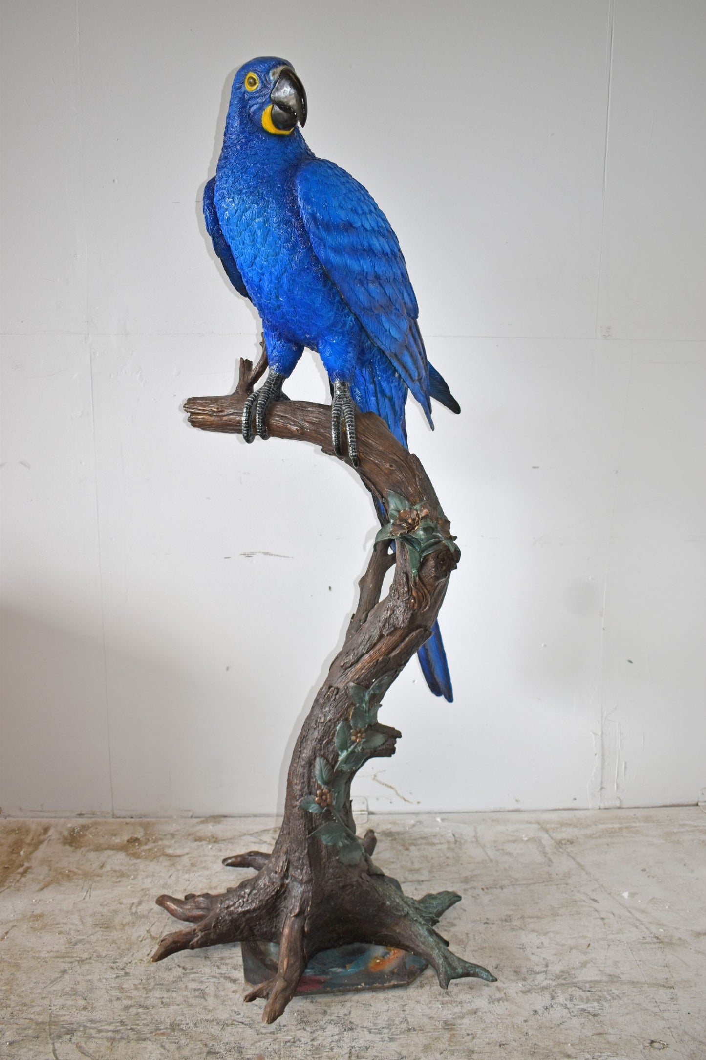 Single Hyacinth Macaw Blue Parrot on a tree Bronze Statue Size: 30" x 24" x 66"H