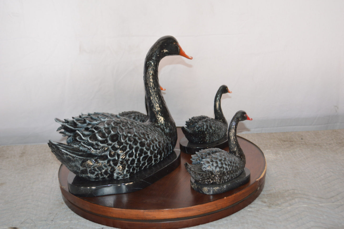 Set of Black Swans each on Mable Base bronze statue - Size: 9"L x 18"W x 15"H.