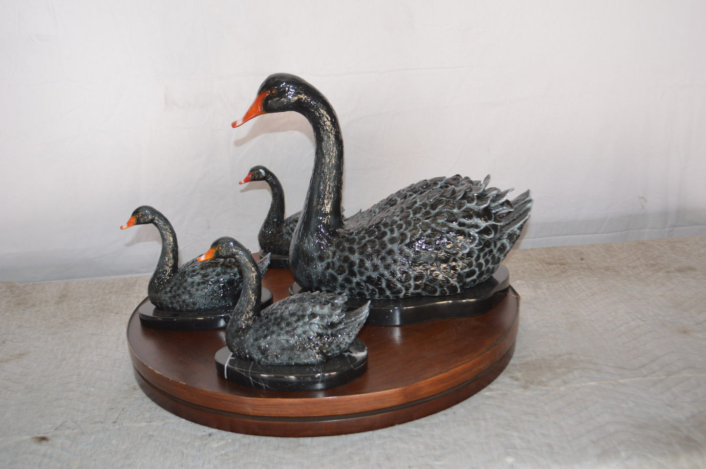 Set of Black Swans each on Mable Base bronze statue - Size: 9"L x 18"W x 15"H.