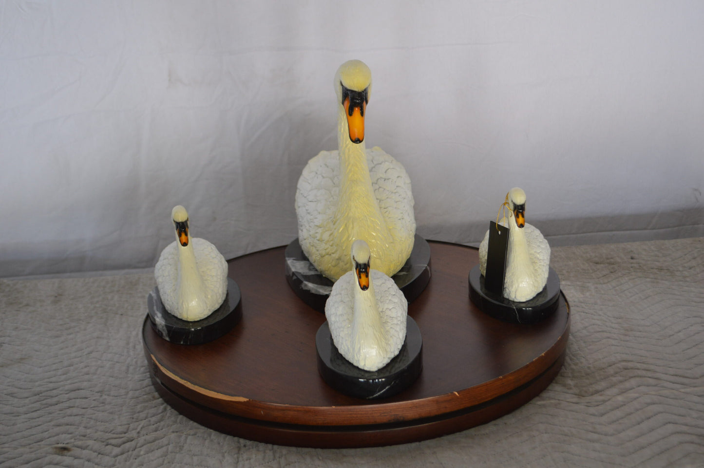 Set of White Swans each on Mable Base bronze statue -  Size: 9"L x 18"W x 15"H.