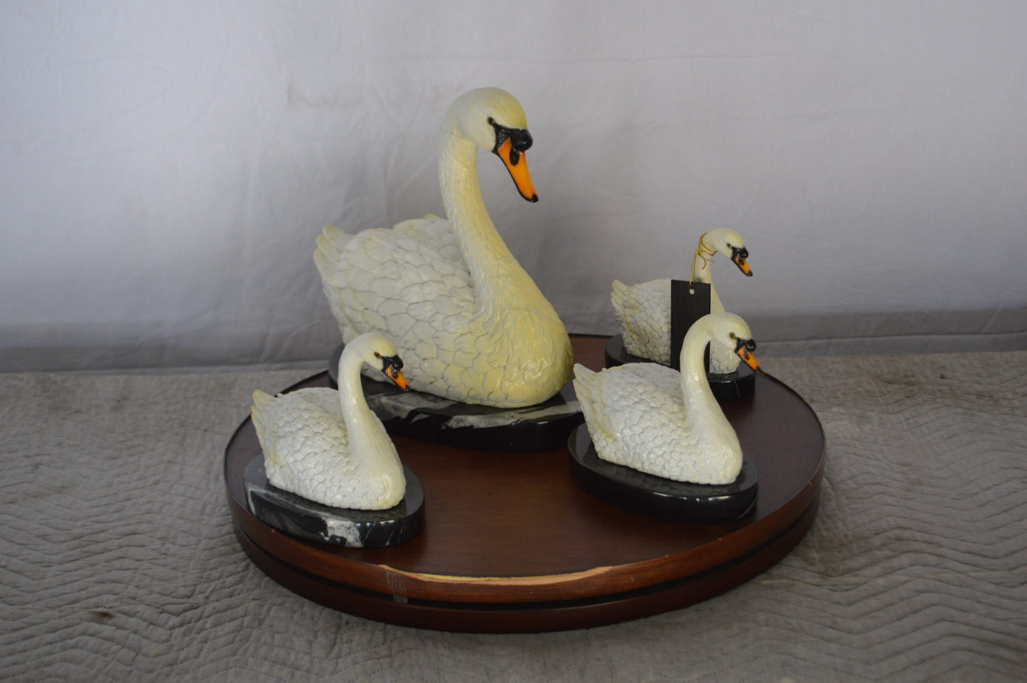 Set of White Swans each on Mable Base bronze statue - Size: 9"L x 18"W x 15"H.