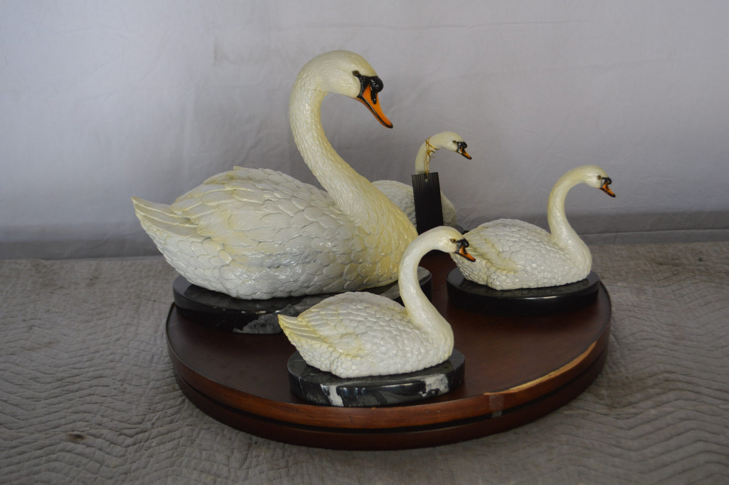 Set of White Swans each on Mable Base bronze statue - Size: 9"L x 18"W x 15"H.