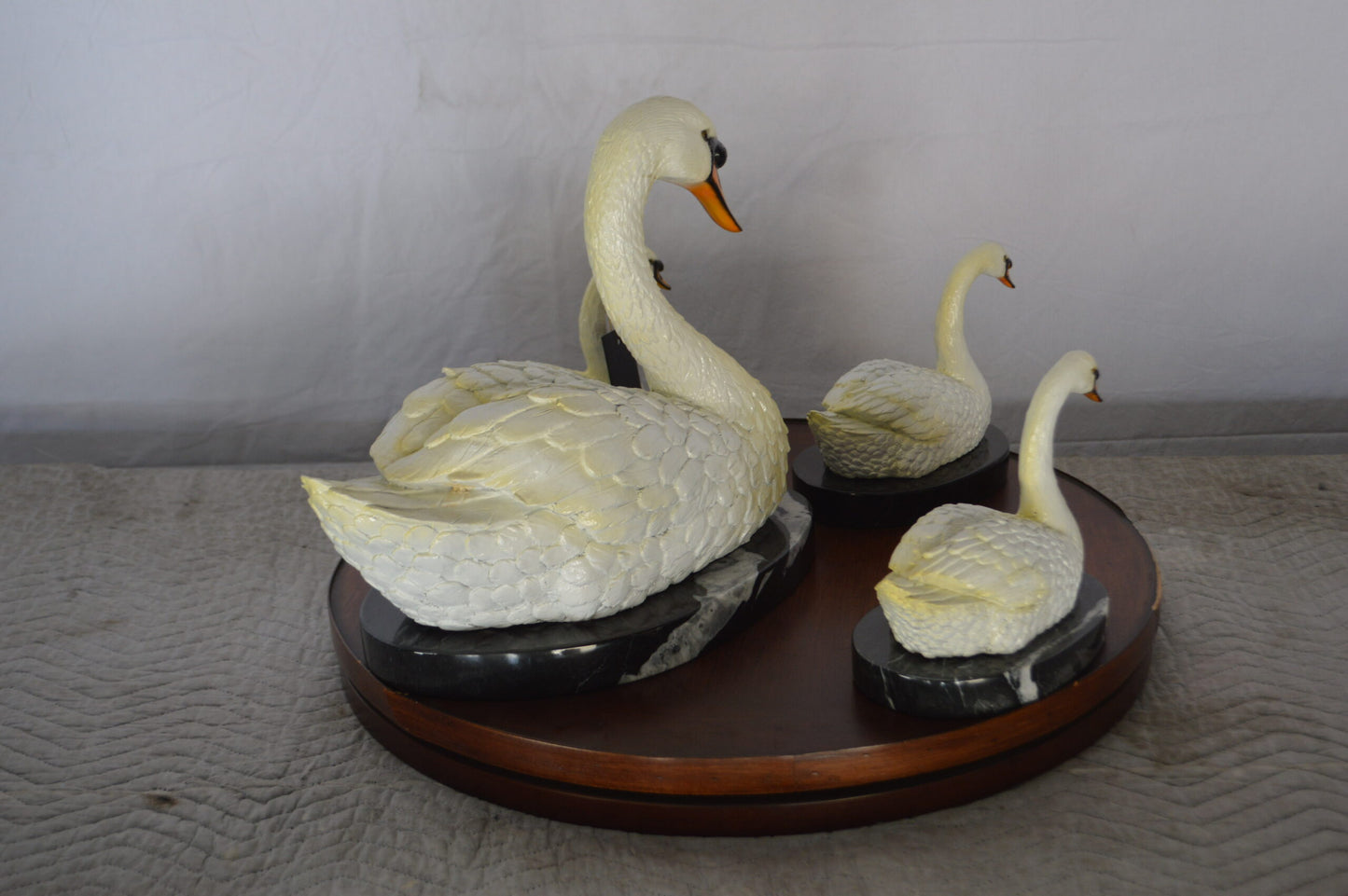 Set of White Swans each on Mable Base bronze statue - Size: 9"L x 18"W x 15"H.