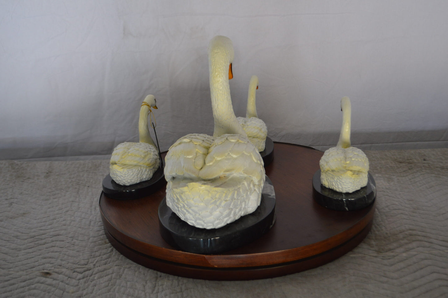 Set of White Swans each on Mable Base bronze statue - Size: 9"L x 18"W x 15"H.