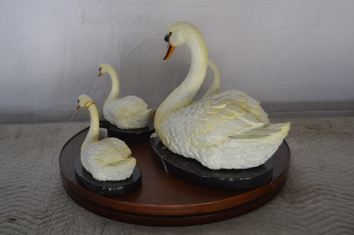 Set of White Swans each on Mable Base bronze statue - Size: 9"L x 18"W x 15"H.