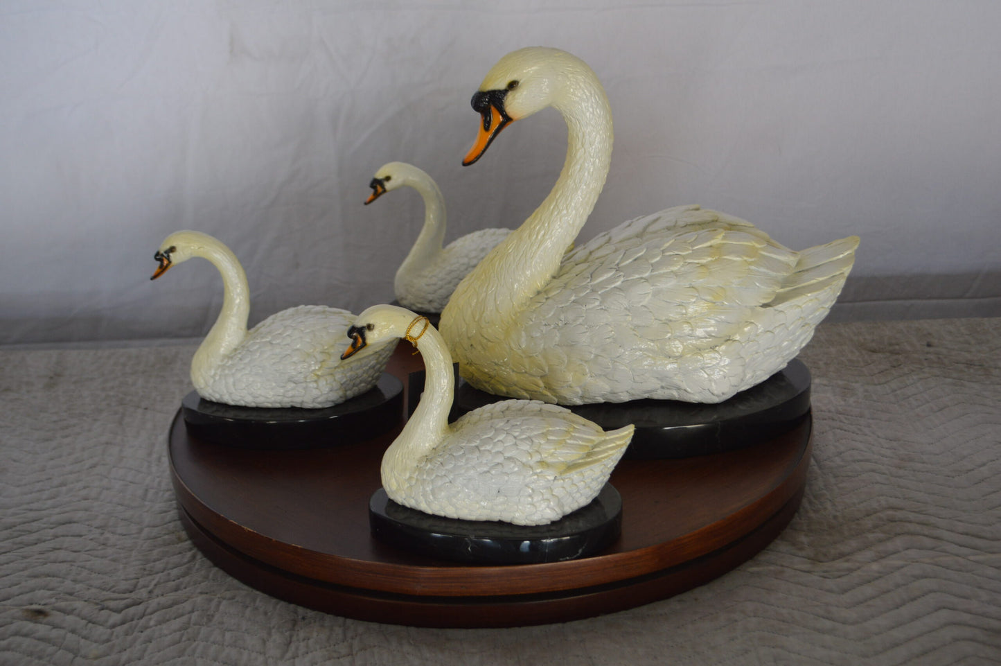 Set of White Swans each on Mable Base bronze statue -  Size: 9"L x 18"W x 15"H.