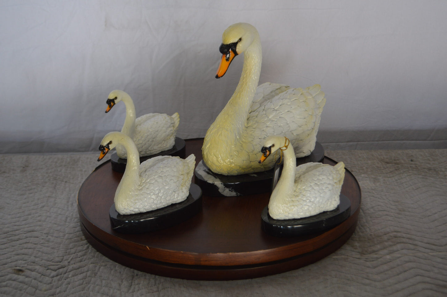 Set of White Swans each on Mable Base bronze statue - Size: 9"L x 18"W x 15"H.