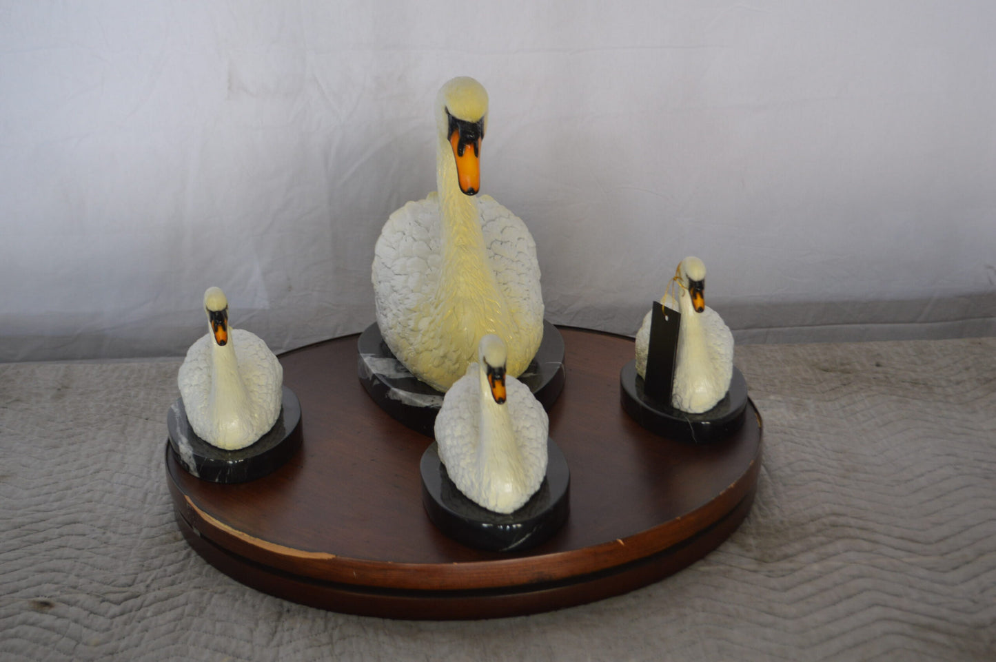 Set of White Swans each on Mable Base bronze statue - Size: 9"L x 18"W x 15"H.