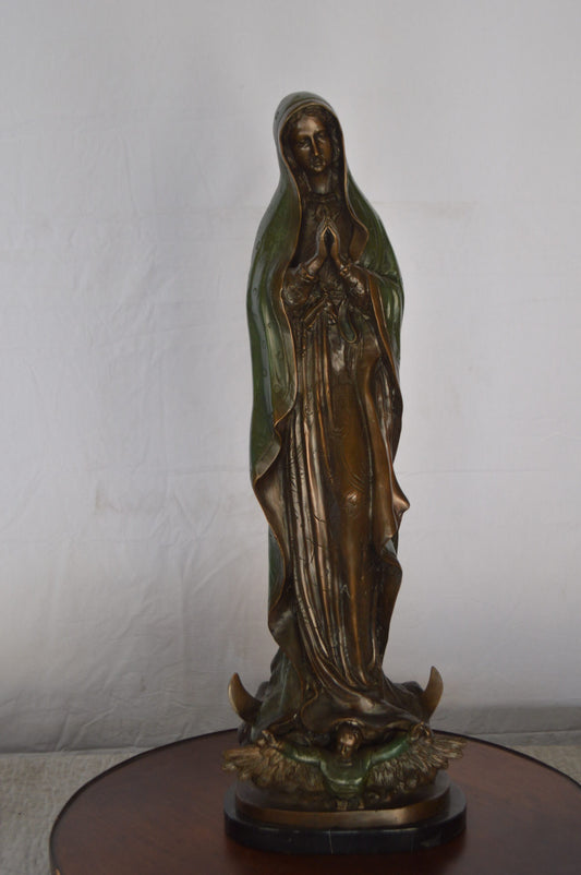 Lady of Guadalupe Bronze Statue on a Marble Base - Size: 10"L x 6"W x 31"H.