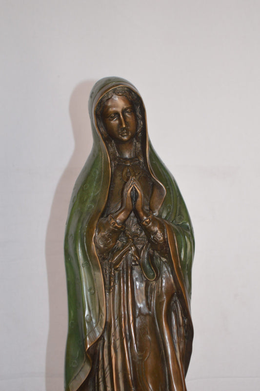 Lady of Guadalupe Bronze Statue on a Marble Base -  Size: 10"L x 6"W x 31"H.