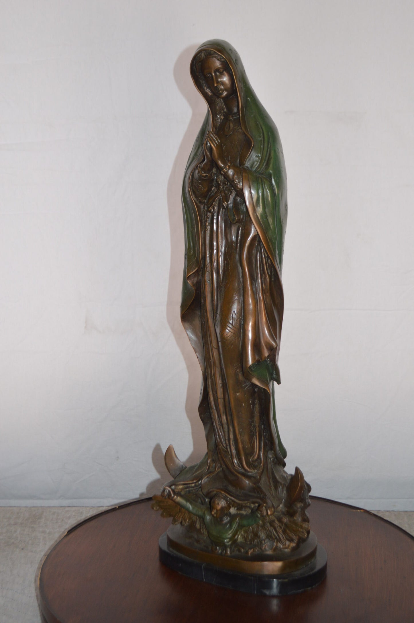 Lady of Guadalupe Bronze Statue on a Marble Base - Size: 10"L x 6"W x 31"H.