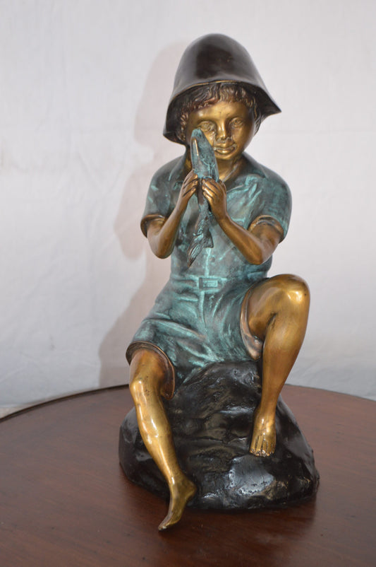 Boy Holding a Fish Bronze Statue Fountain - Size: 8"L x 9"W x 18"H.