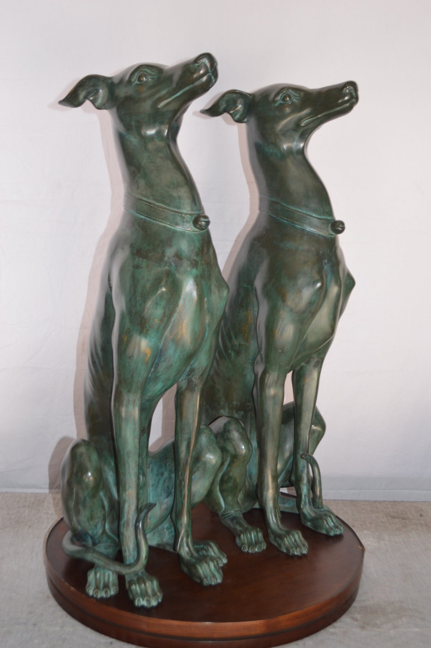 Pair of Greyhound dogs sitting Bronze Statue - Size: 12"L x 12"W x 35"H.