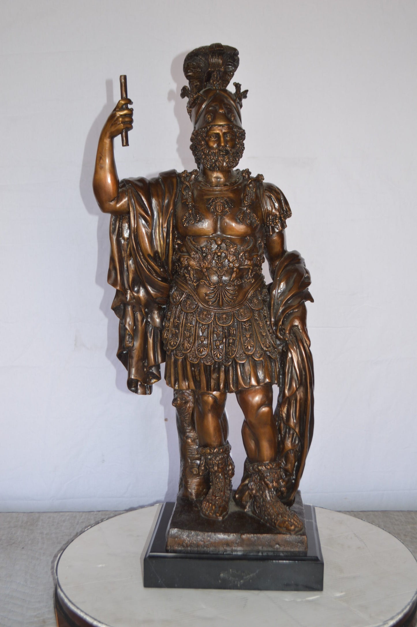 Mars Ultor Bronze Statue Mounted on a Marble Base - Size: 14"L x 11"W x 34"H.
