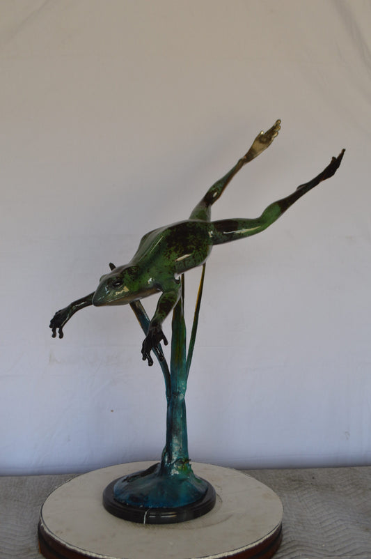 Large Frog Jumping Down Bronze Statue on a Marble - Size: 29"L x 21"W x 40"H.