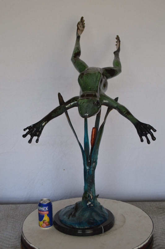 Large Frog Jumping Down Bronze Statue on a  Marble -  Size: 29"L x 21"W x 40"H.