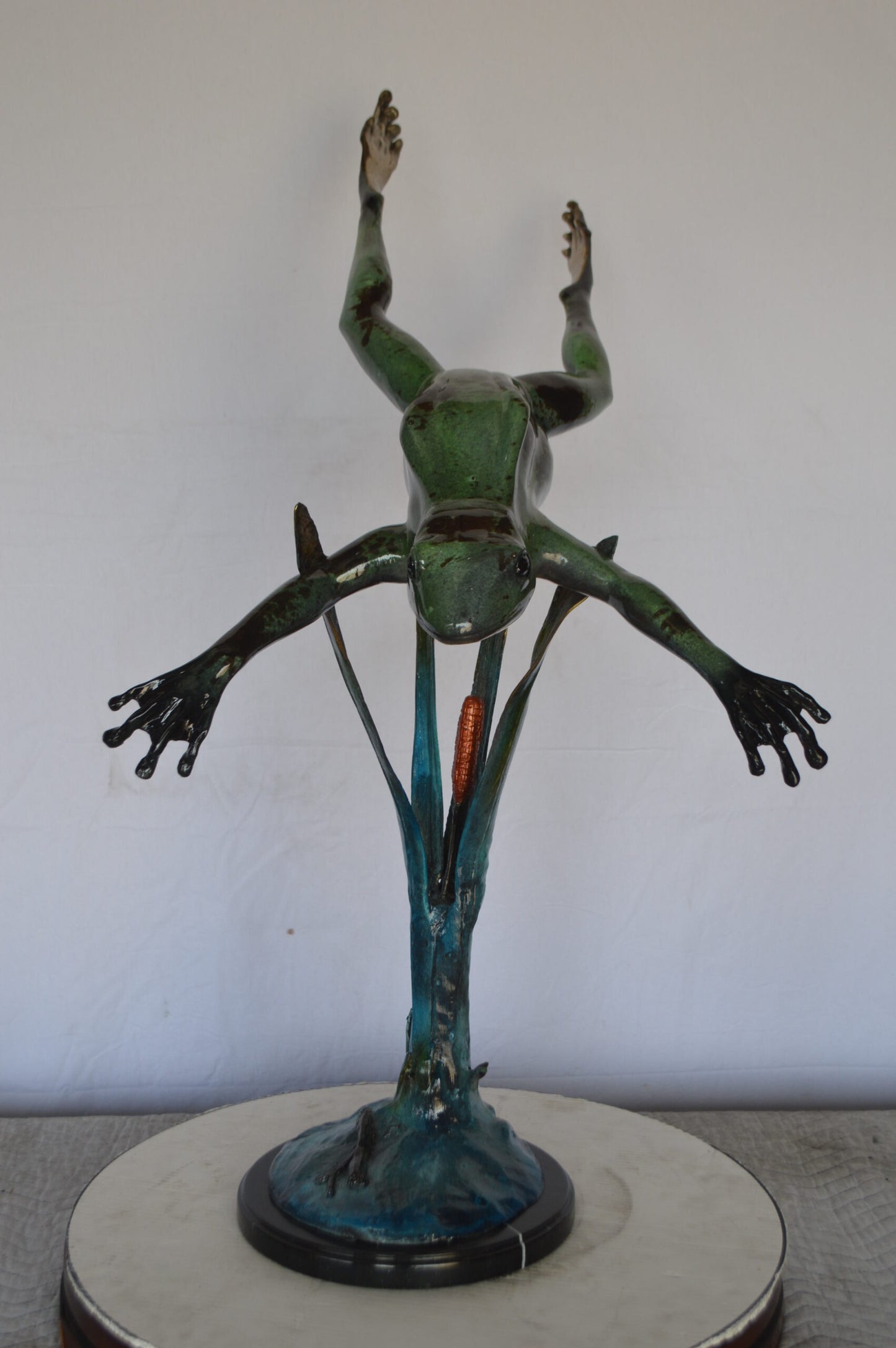 Large Frog Jumping Down Bronze Statue on a Marble - Size: 29"L x 21"W x 40"H.