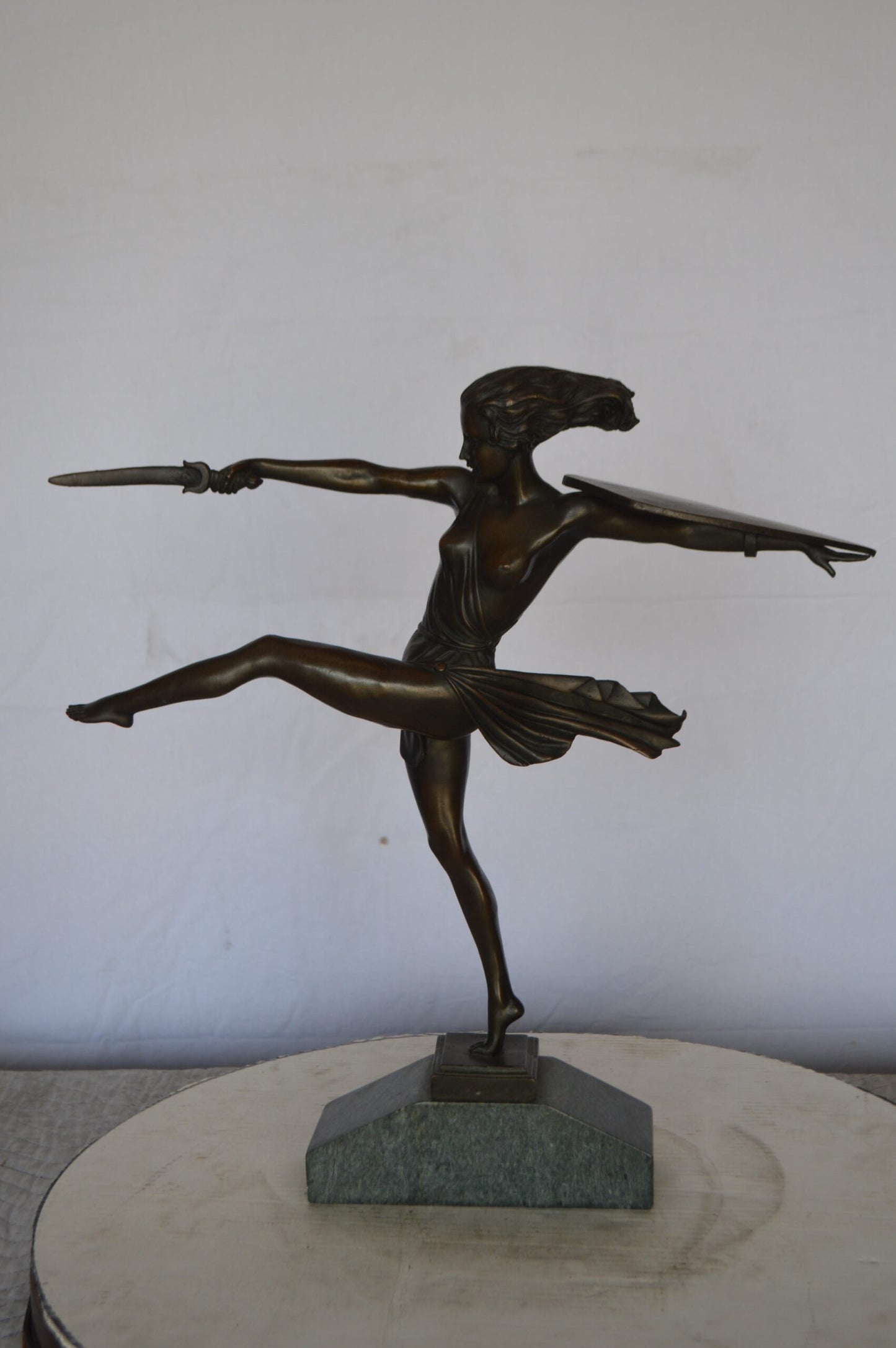Woman Fighter with Sword Bronze Statue - Size: 19"L x 5"W x 20"H.