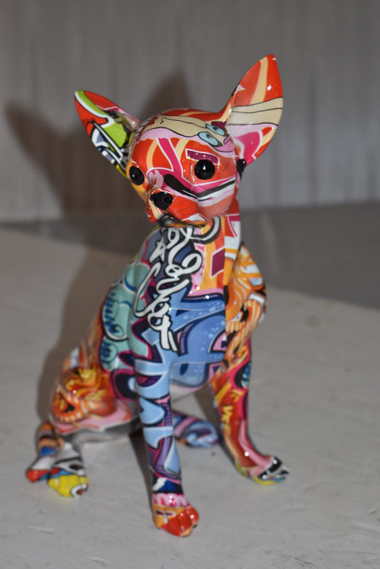 Modern Art Graffiti Sitting Chihuahua Statue Made of Resin Size: 8" x 5" x 10"H