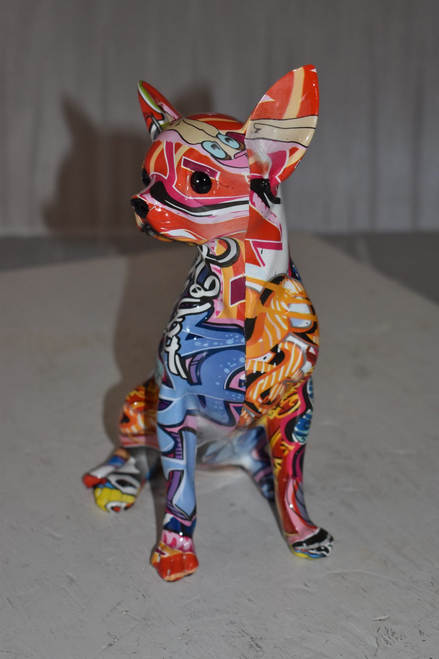 Modern Art Graffiti Sitting Chihuahua Statue Made of Resin Size: 8" x 5" x 10"H