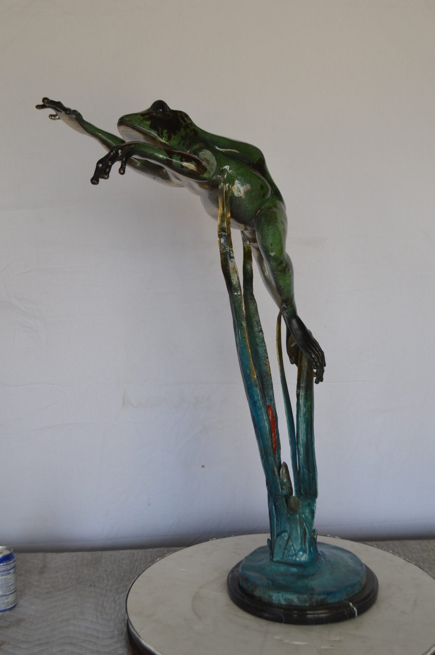Large Frog Jumping Forward Bronze Statue on Marble - Size: 25"L x 15"W x 36"H.