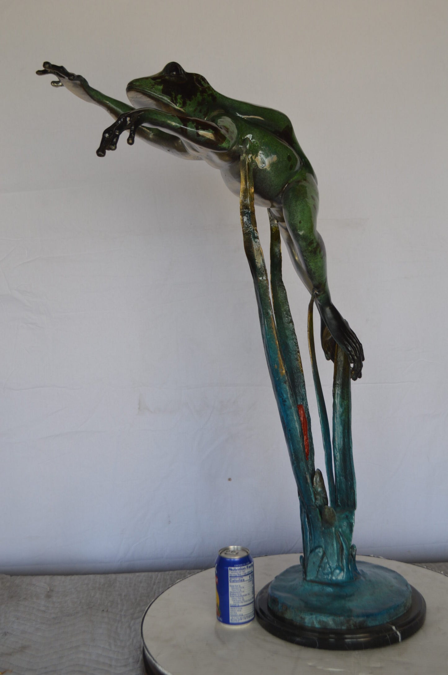 Large Frog Jumping Forward Bronze Statue on Marble - Size: 25"L x 15"W x 36"H.