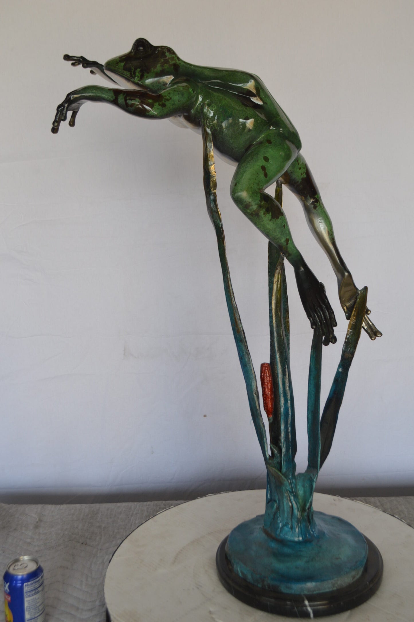 Large Frog Jumping Forward Bronze Statue on Marble - Size: 25"L x 15"W x 36"H.