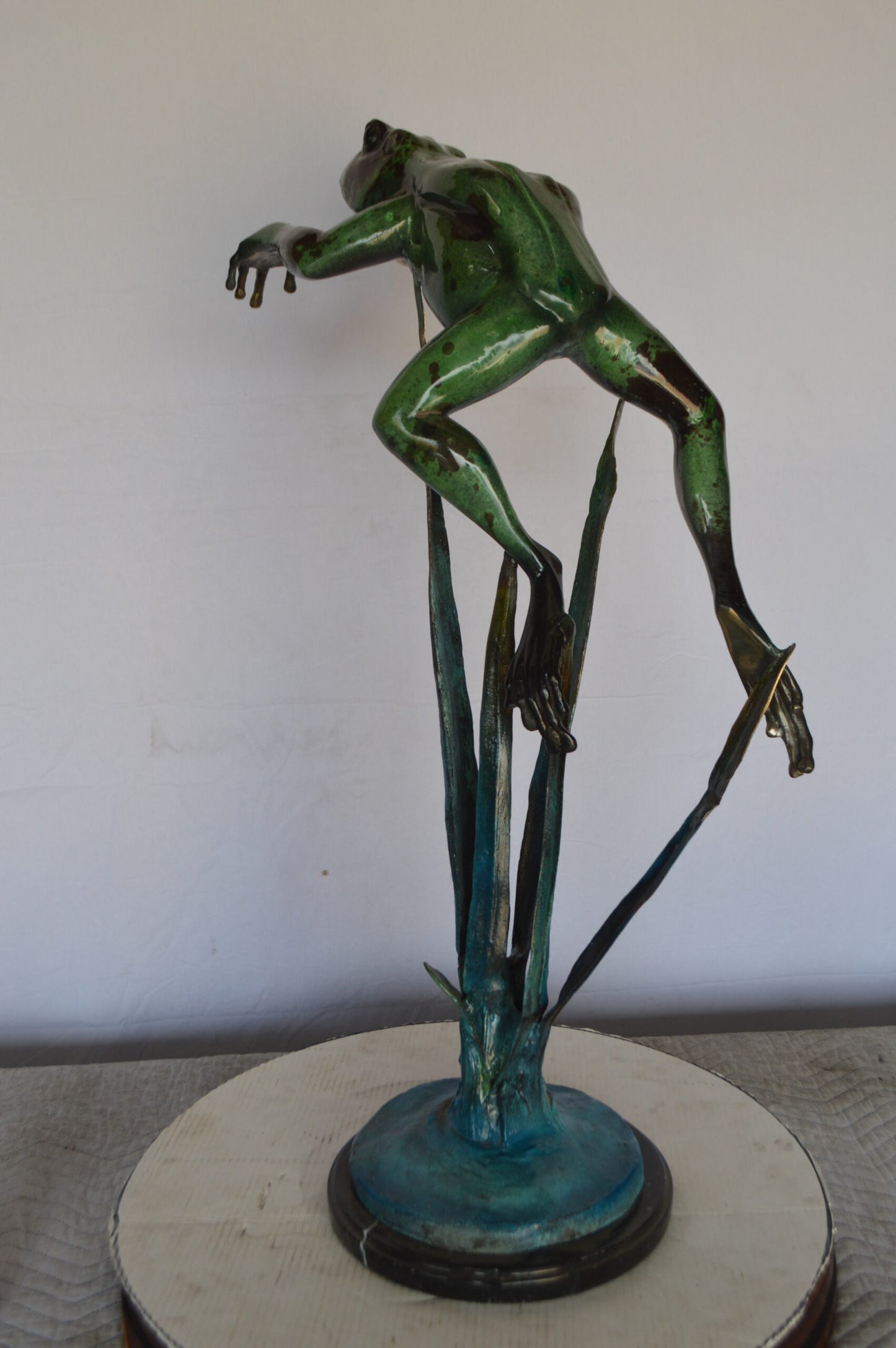 Large Frog Jumping Forward Bronze Statue on Marble - Size: 25"L x 15"W x 36"H.