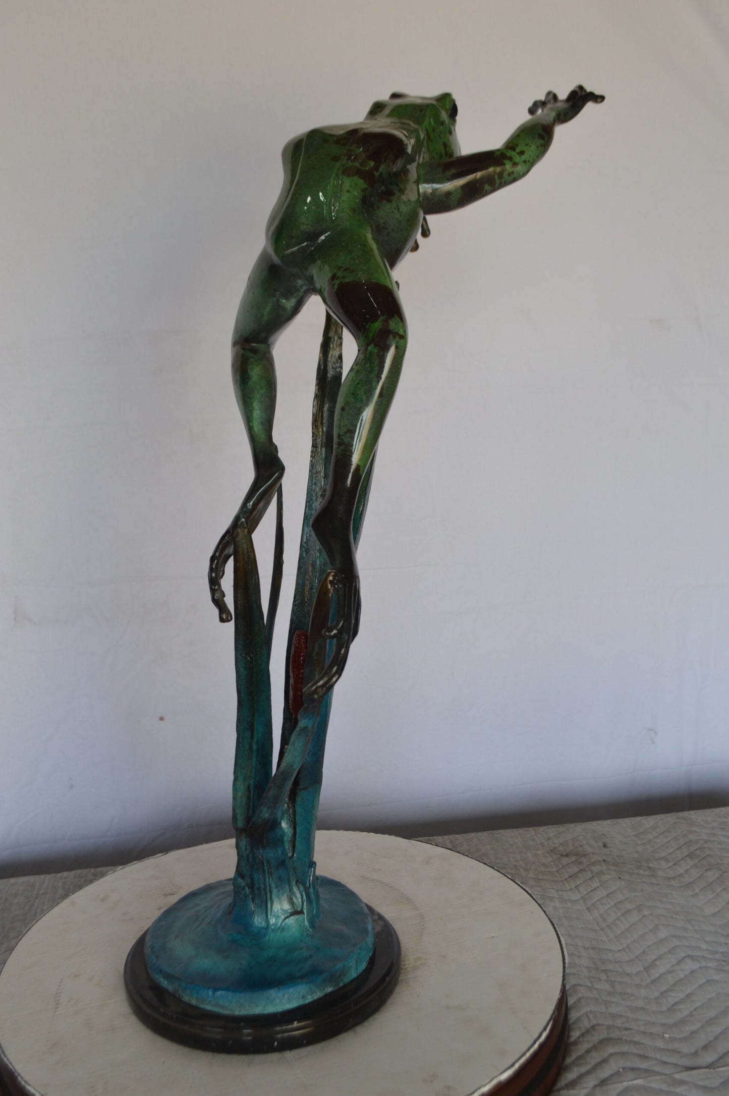 Large Frog Jumping Forward Bronze Statue on Marble - Size: 25"L x 15"W x 36"H.