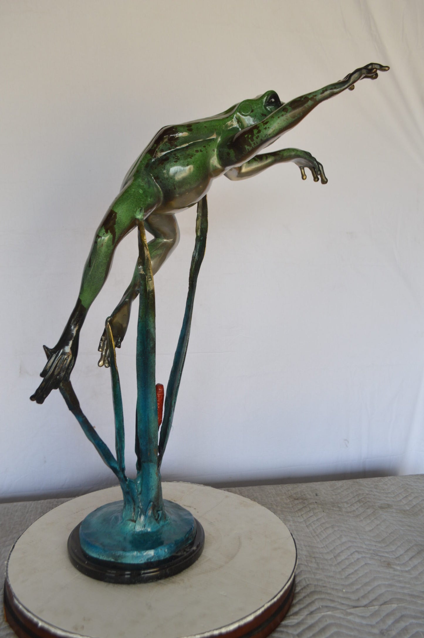 Large Frog Jumping Forward Bronze Statue on Marble - Size: 25"L x 15"W x 36"H.