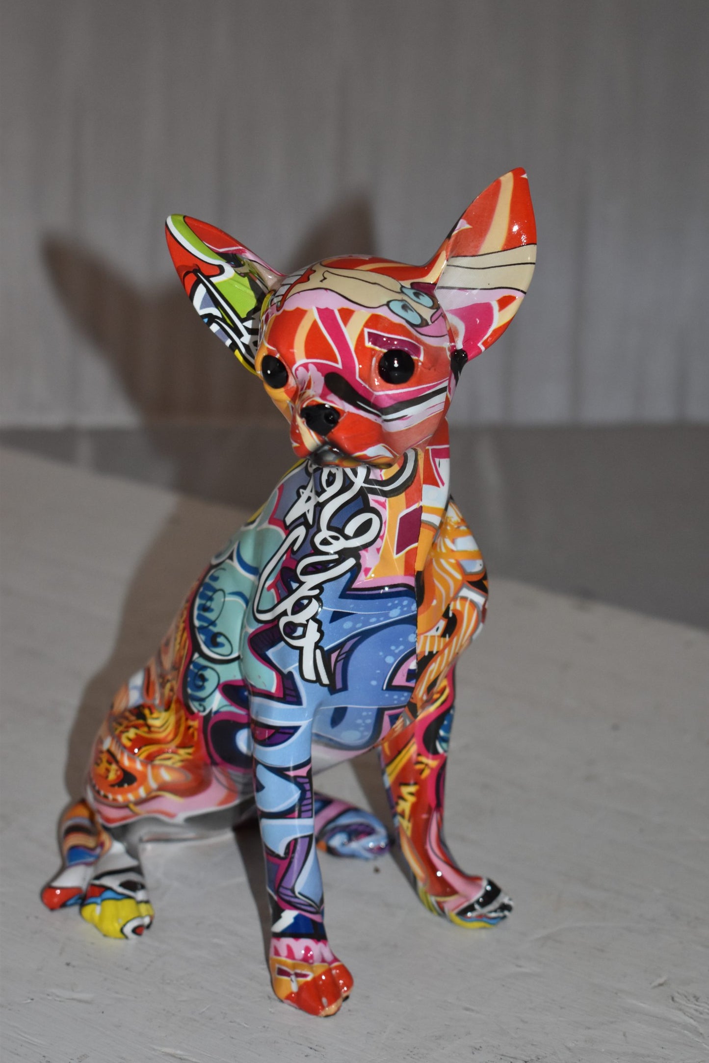 Modern Art Graffiti Sitting Chihuahua Statue Made of Resin Size: 8" x 5" x 10"H