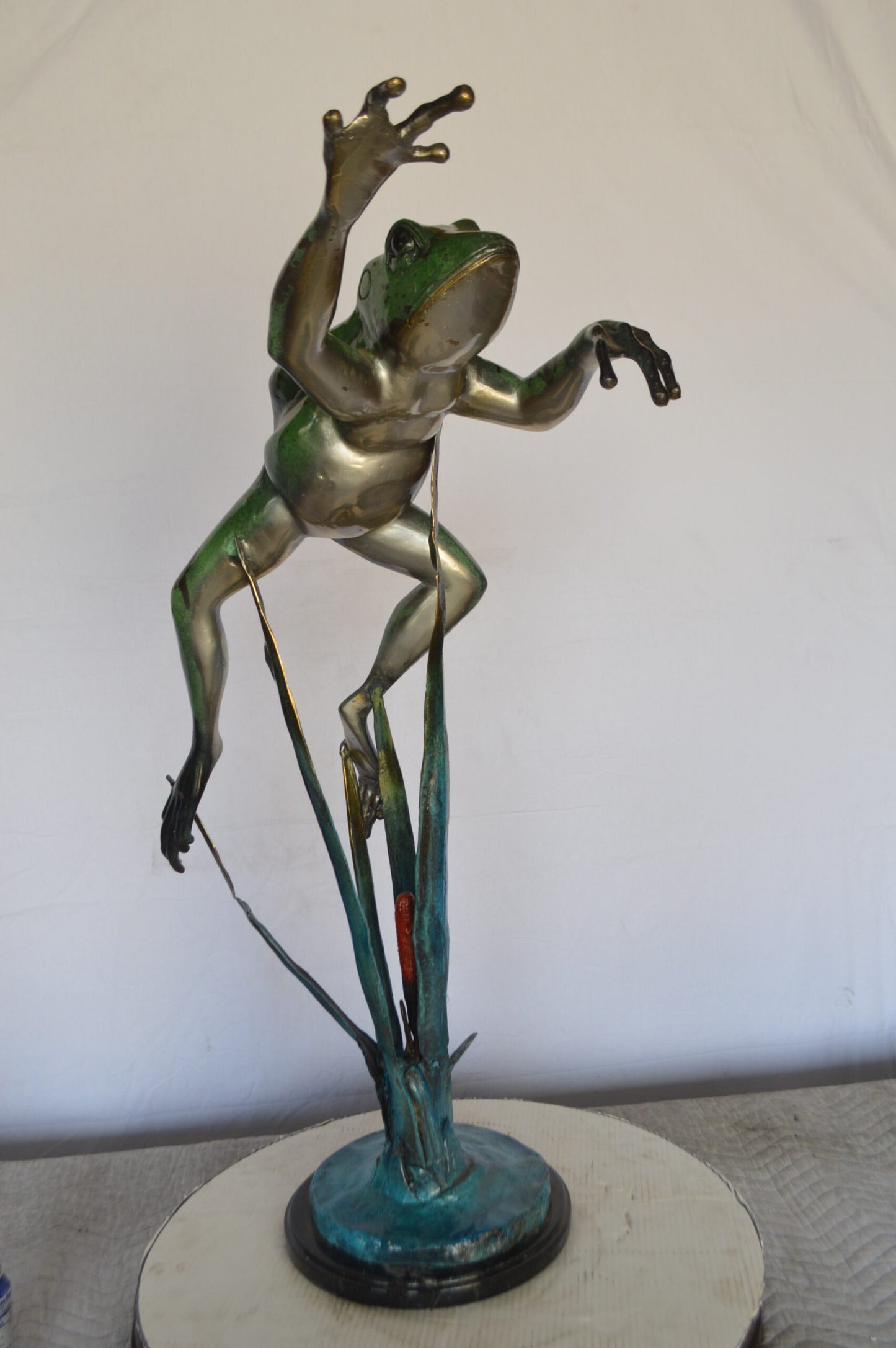 Large Frog Jumping Forward Bronze Statue on Marble - Size: 25"L x 15"W x 36"H.