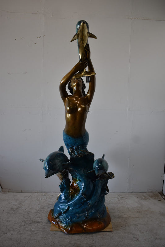 Mermaid W Three Dolphins Fountain Enameled Bronze Statue Size: 34" x 41" x 83"H