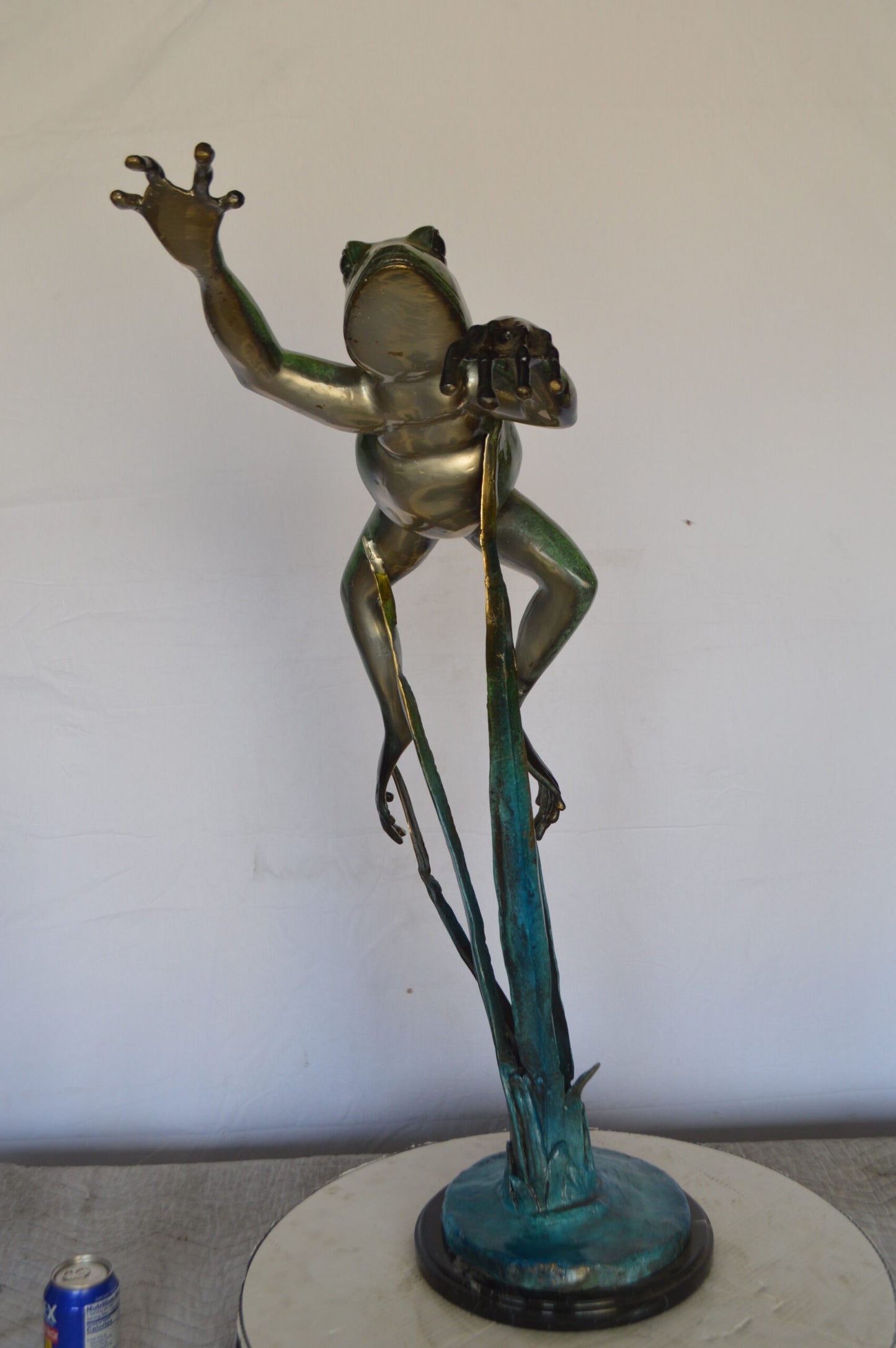 Large Frog Jumping Forward Bronze Statue on Marble - Size: 25"L x 15"W x 36"H.