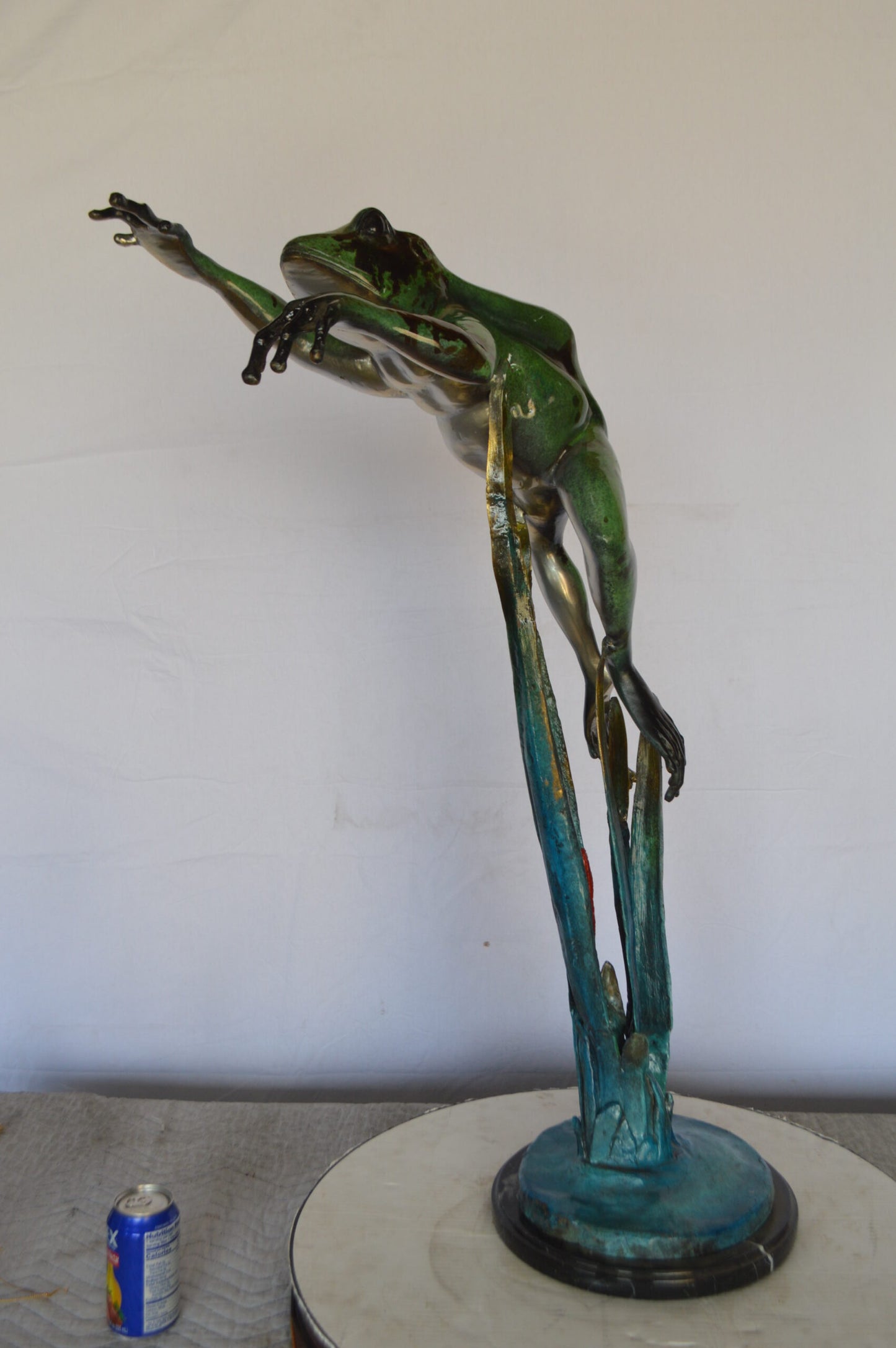 Large Frog Jumping Forward Bronze Statue on Marble - Size: 25"L x 15"W x 36"H.