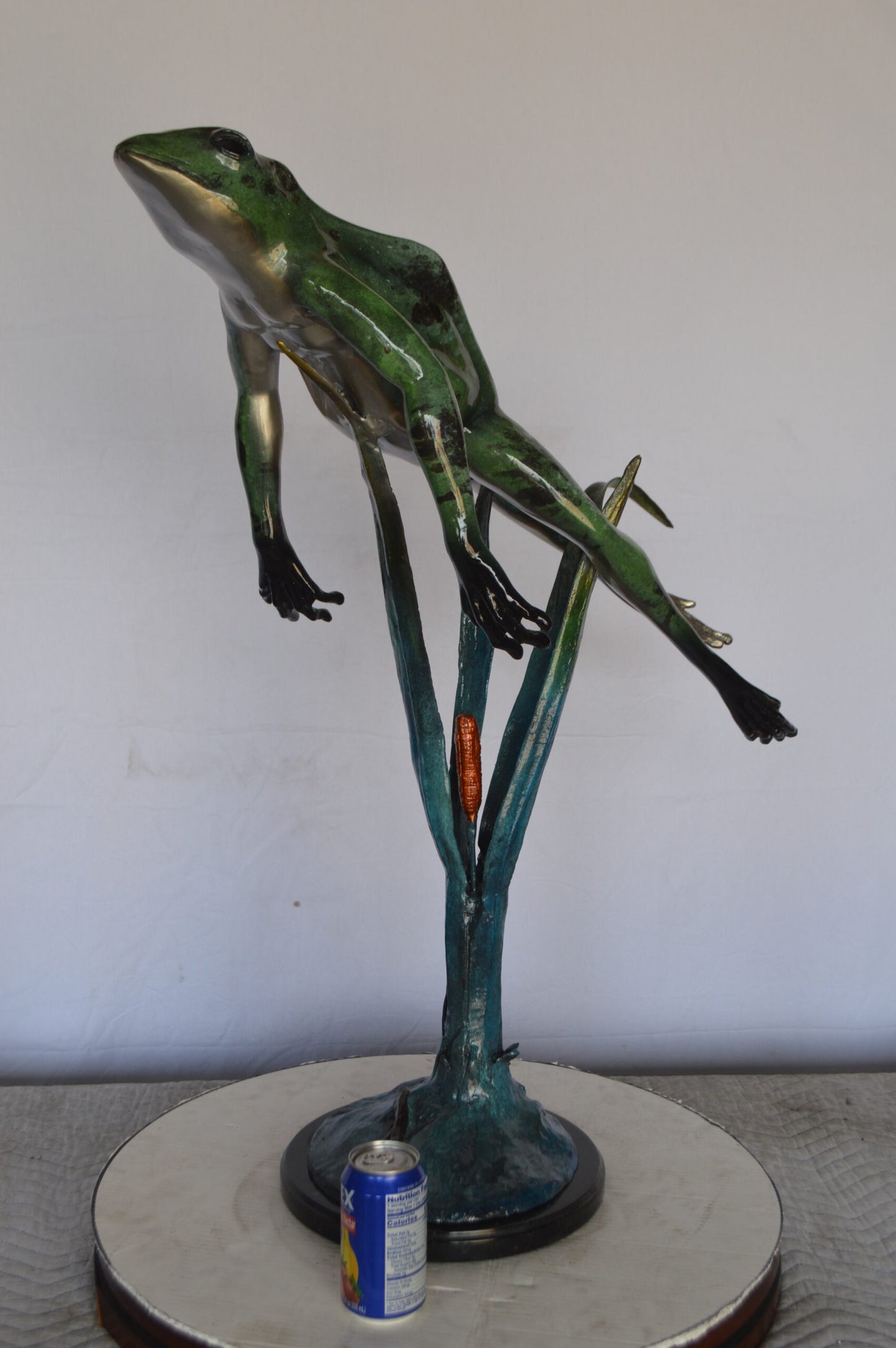 Large Frog Jumping Up Bronze Statue on a Marble - Size: 30"L x 14"W x 34"H.