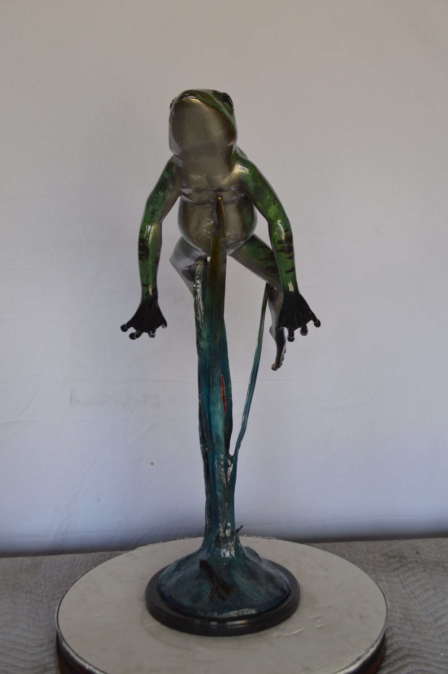 Large Frog Jumping Up Bronze Statue on a Marble - Size: 30"L x 14"W x 34"H.