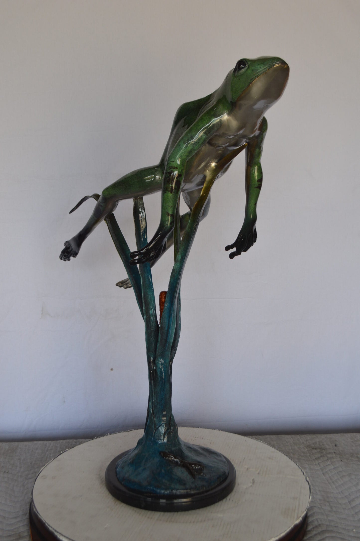Large Frog Jumping Up Bronze Statue on a Marble - Size: 30"L x 14"W x 34"H.