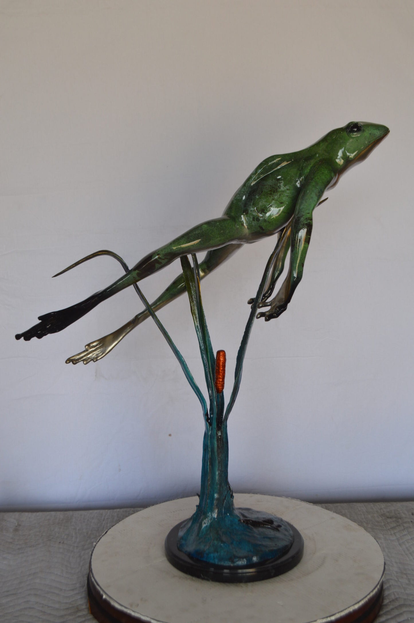 Large Frog Jumping Up Bronze Statue on a Marble - Size: 30"L x 14"W x 34"H.