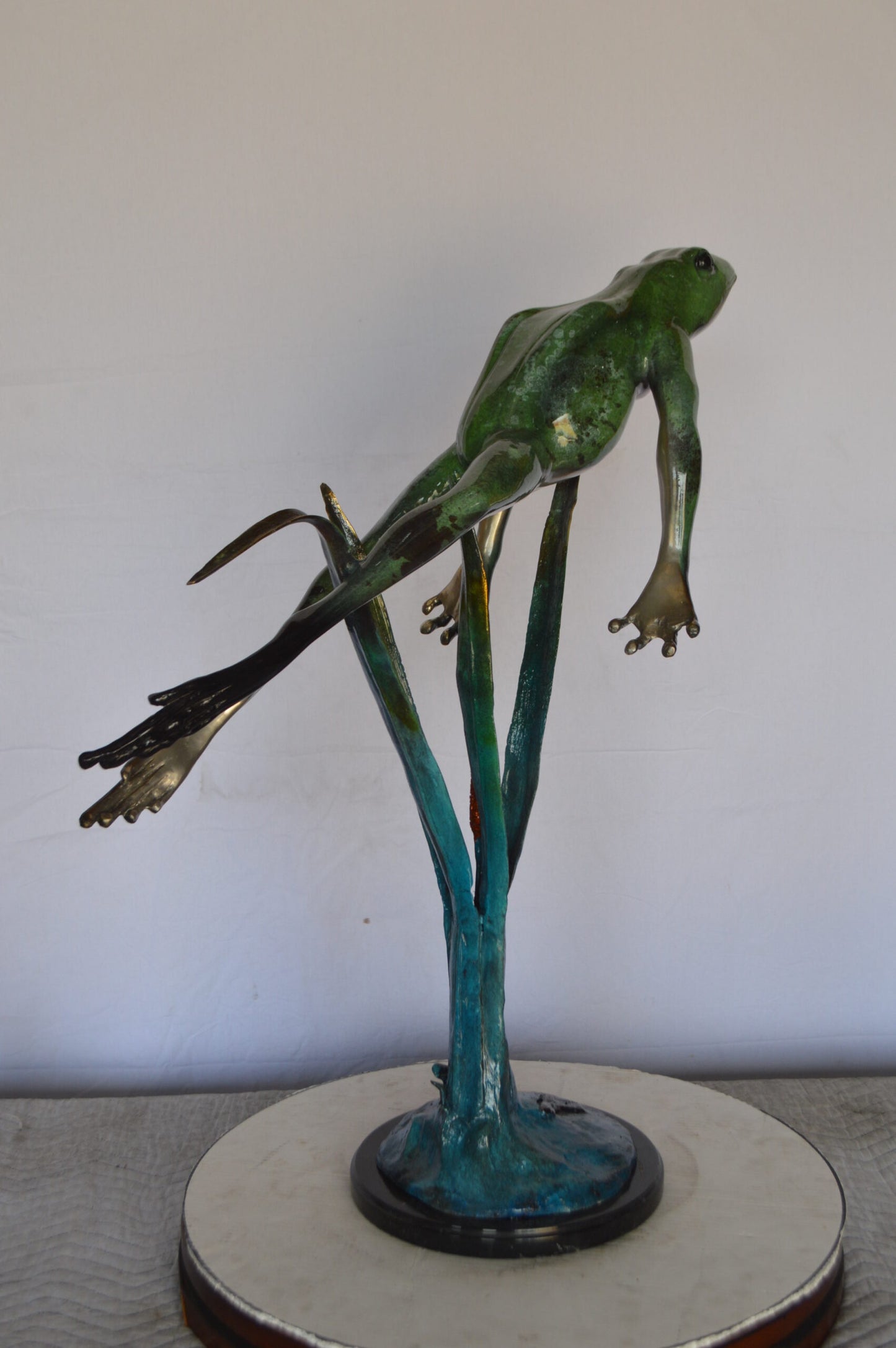 Large Frog Jumping Up Bronze Statue on a Marble - Size: 30"L x 14"W x 34"H.